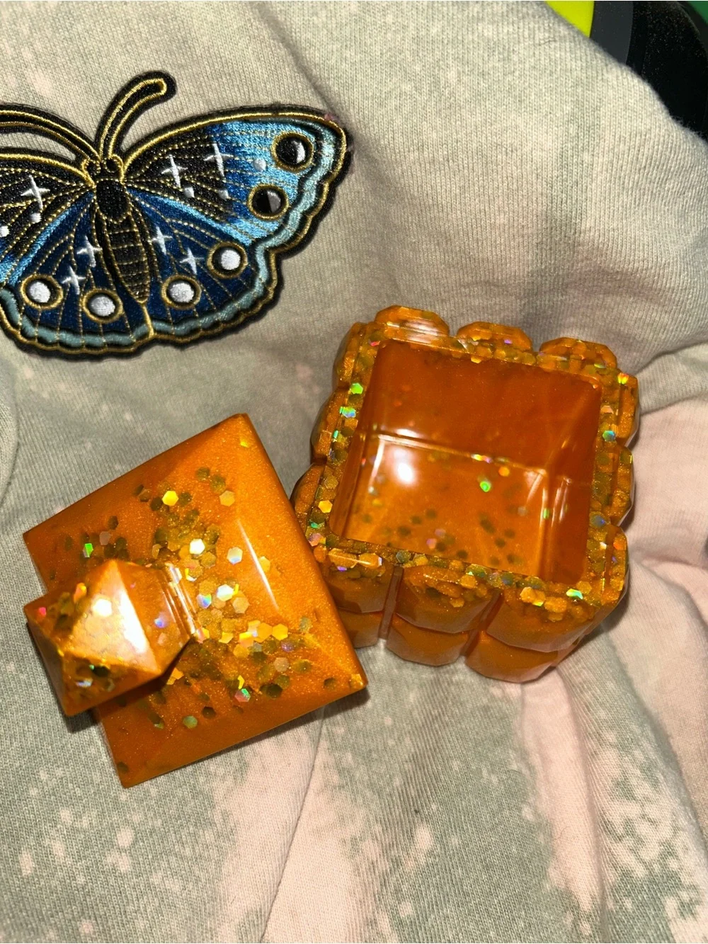 Handmade Orange Geometric Jewelry Storage Box with Gold Shiny Confetti Glitter